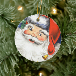 Vintage Christmas, Jolly Santa Claus with Music Ceramic Ornament