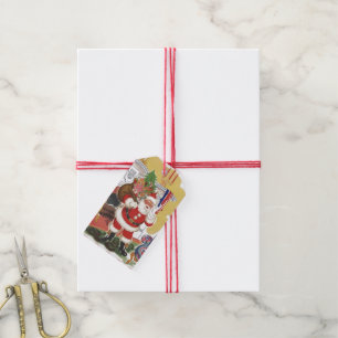 Vintage Christmas, Jolly Santa Claus with Presents Gift Tags
