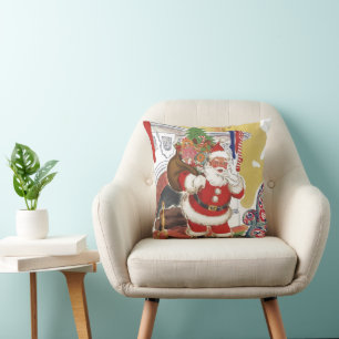 Vintage Christmas, Jolly Santa Claus with Presents Throw Pillow