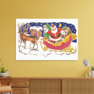 Vintage Christmas, Jolly Santa Claus with Sleigh Canvas Print