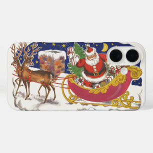 Vintage Christmas, Jolly Santa Claus with Sleigh iPhone 16 Case