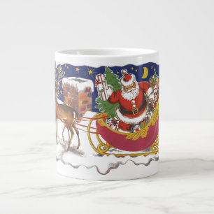 Vintage Christmas, Jolly Santa Claus with Sleigh Large Coffee Mug