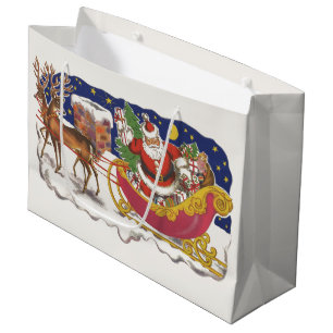 Vintage Christmas, Jolly Santa Claus with Sleigh Large Gift Bag