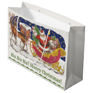 Vintage Christmas, Jolly Santa Claus with Sleigh Large Gift Bag