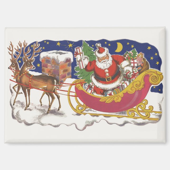Vintage Christmas, Jolly Santa Claus with Sleigh Magnet (Front)