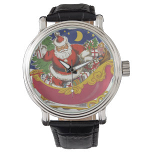 Vintage Christmas, Jolly Santa Claus with Sleigh Watch