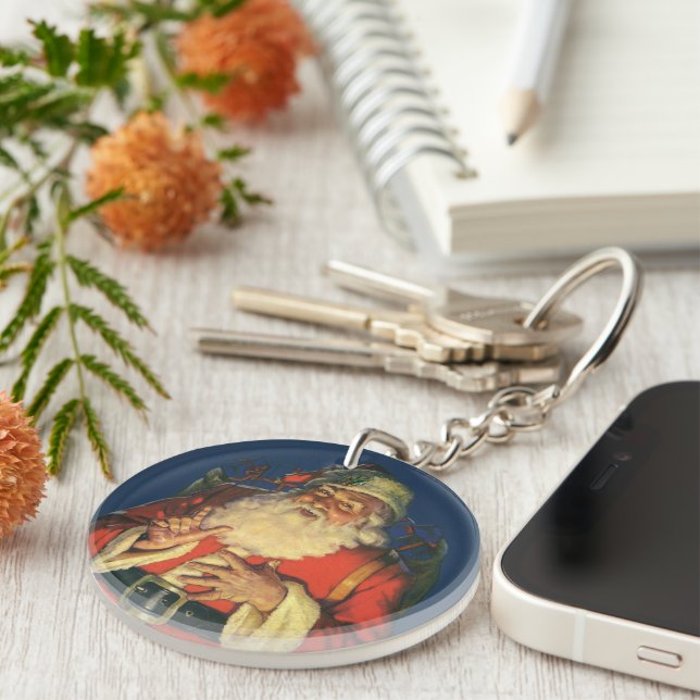 Vintage Christmas, Jolly Santa Claus with Toys Keychain (Front Right)