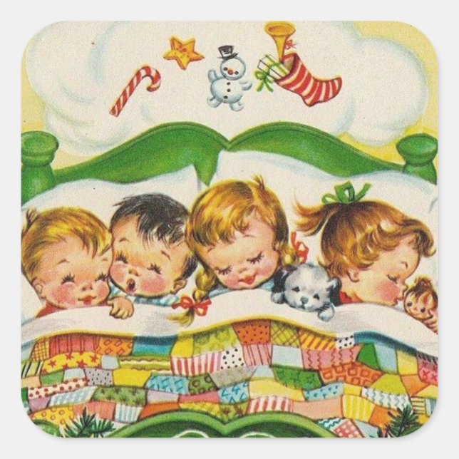 Vintage Christmas Kids Sleeping Square Sticker (Front)