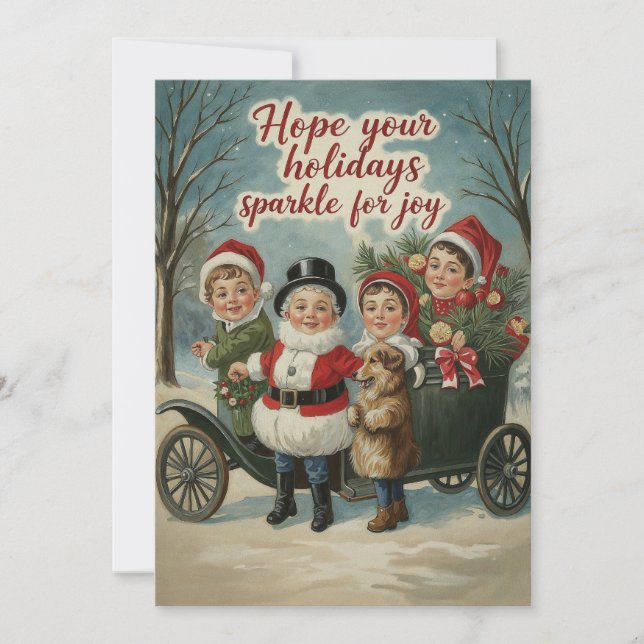 Vintage Christmas Kids Sparkling Greeting Holiday Card (Front)