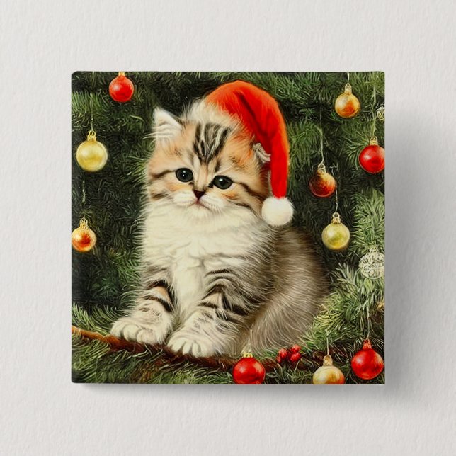 Vintage Christmas Kitten 2 Inch Square Button (Front)