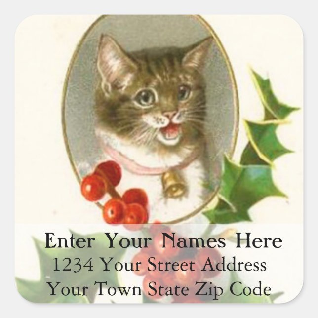 Vintage Christmas Kitten And Holly Address Label (Front)