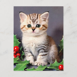 Vintage Christmas Kitten and Holly Enclosure Card