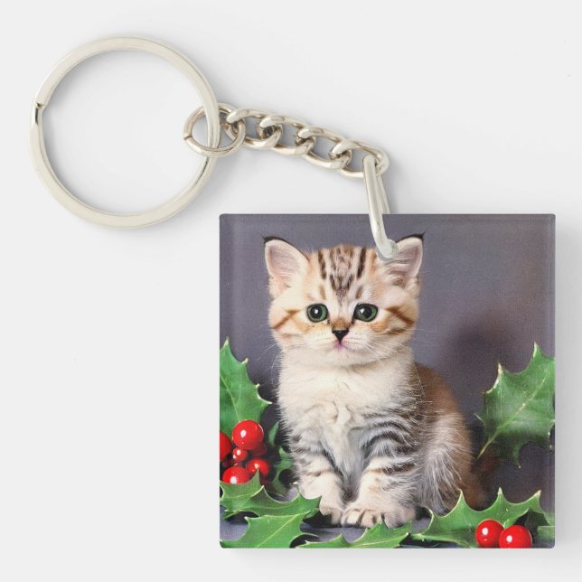 Vintage Christmas Kitten and Holly Keychain (Front)