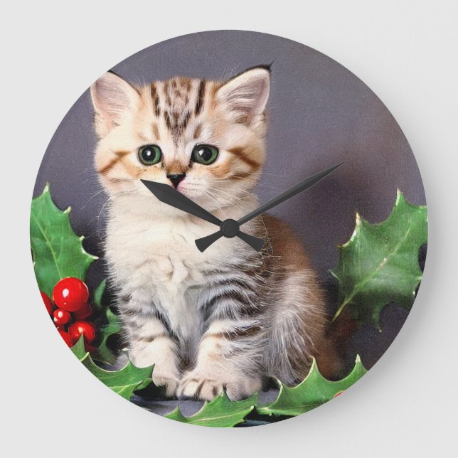 Vintage Christmas Kitten and Holly Large Clock (Front)