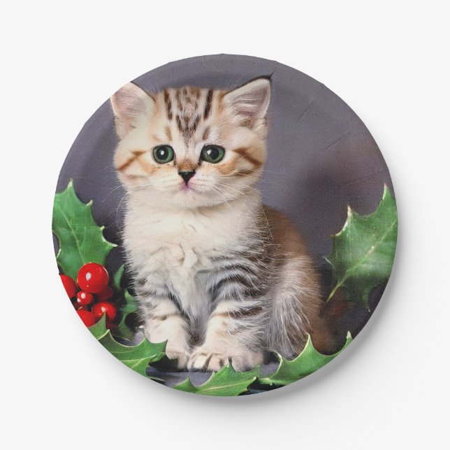 Vintage Christmas Kitten and Holly Paper Plate (Front)
