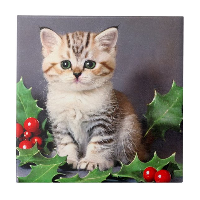 Vintage Christmas Kitten and Holly Tile (Front)