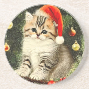 Vintage Christmas Kitten Coaster