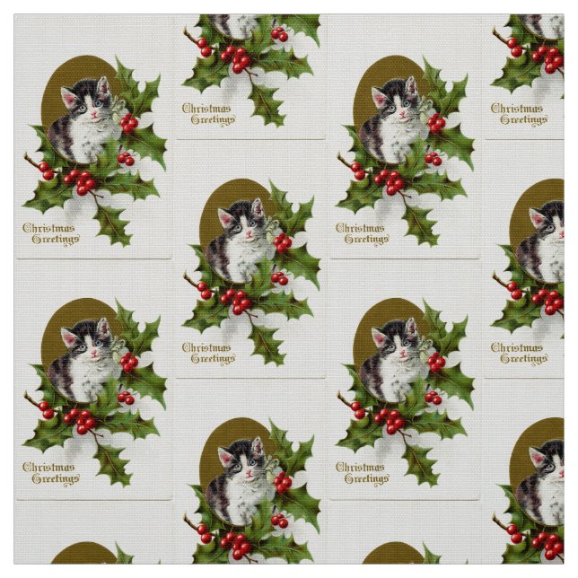 Vintage Christmas Kitten Fabric (Swatch)