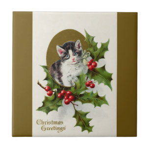 Vintage Christmas Kitten Gold Ceramic Tile
