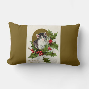 Vintage Christmas Kitten Gold Lumbar Pillow