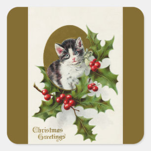 Vintage Christmas Kitten Gold Square Sticker