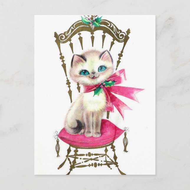 Vintage Christmas Kitten Holiday Postcard (Front)