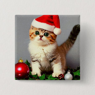 Vintage Christmas Kitten in Santa Hat 2 Inch Square Button