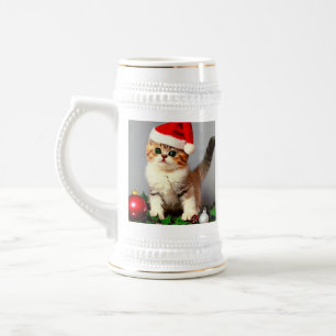 Vintage Christmas Kitten in Santa Hat Beer Stein