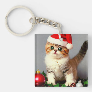 Vintage Christmas Kitten in Santa Hat Keychain