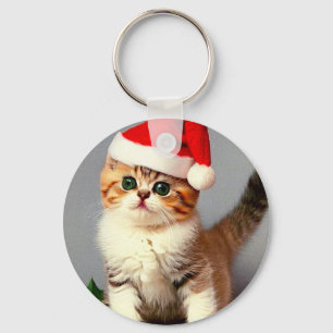 Vintage Christmas Kitten in Santa Hat Keychain