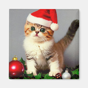 Vintage Christmas Kitten in Santa Hat Magnet