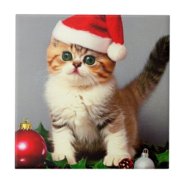 Vintage Christmas Kitten in Santa Hat Tile (Front)