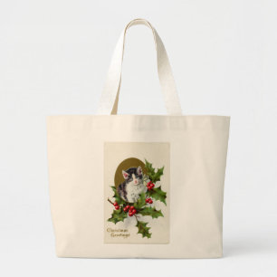 Vintage Christmas Kitten Jumbo Tote Bag