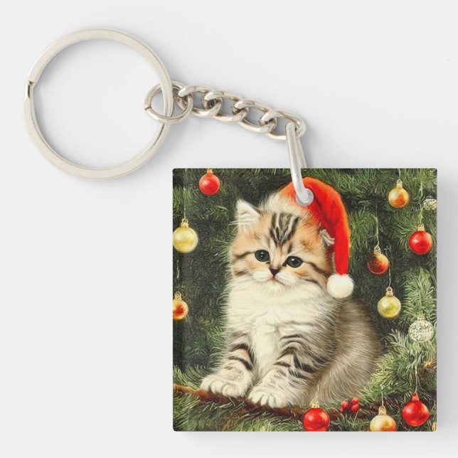 Vintage Christmas Kitten Keychain (Front)