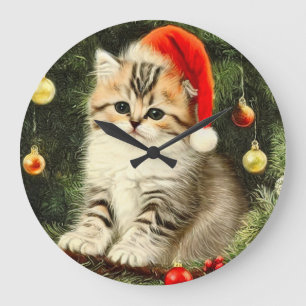 Vintage Christmas Kitten Large Clock