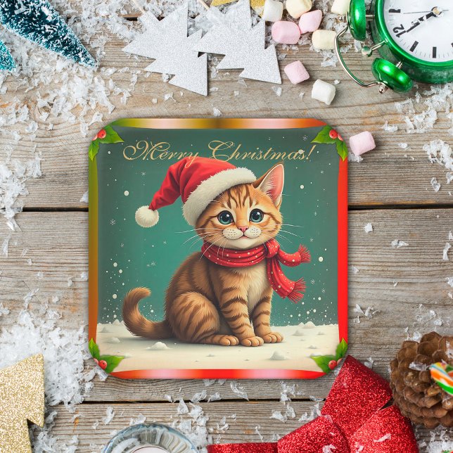 Vintage Christmas Kitten Merry Christmas Paper Plate (Vintage Christmas Kitten Merry Christmas Paper Plates by the Olde Christmas Shoppe)