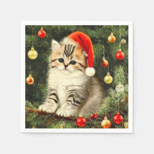 Vintage Christmas Kitten Napkin