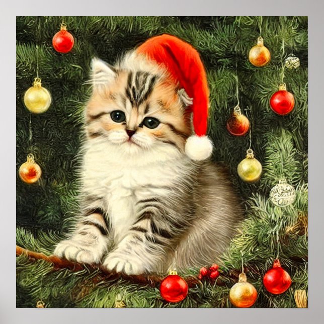Vintage Christmas Kitten Poster (Front)