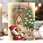 Vintage Christmas Kitten Sleeping Baby Fireplace Holiday Card<br><div class="desc">Vintage Christmas Kitten Sleeping Baby Fireplace Holiday Card. This design features a sleeping kitten and baby in front of a fireplace and Christmas tree. What a beautiful retro holiday scene. Personalize this custom design with your own inside greeting.</div>