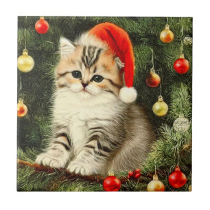 Vintage Christmas Kitten Tile
