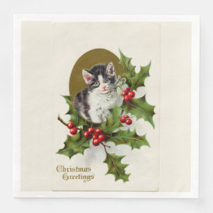 Vintage Christmas Kitten White Napkin