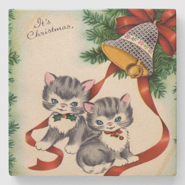 Vintage Christmas Kittens Stone Coaster (Front)