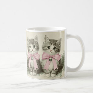 Vintage Christmas Kittens with Pink Bows Coffee Mug