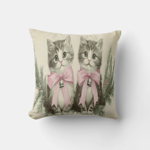 Vintage Christmas Kittens with Pink Bows Throw Pillow