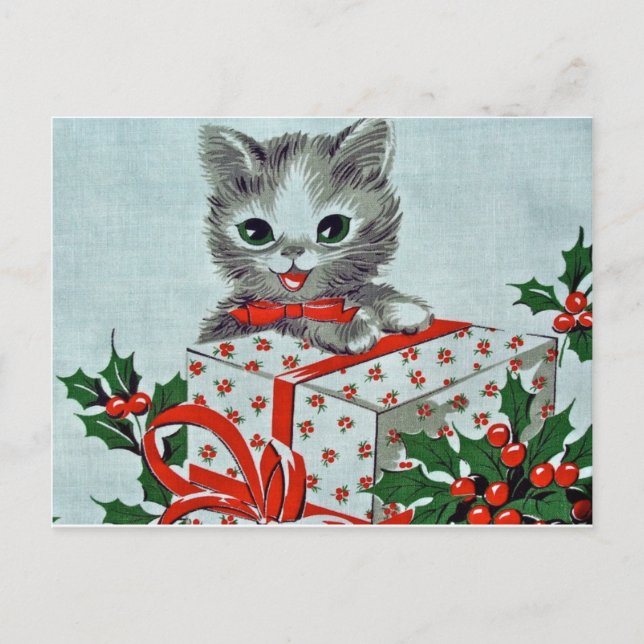 Vintage Christmas Kitty Cat With Gift Holiday Postcard (Front)