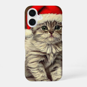 Vintage Christmas Kitty Wearing Santa Hat iPhone 16 Case