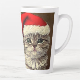Vintage Christmas Kitty Wearing Santa Hat Latte Mug
