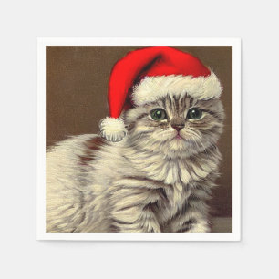 Vintage Christmas Kitty Wearing Santa Hat Napkin