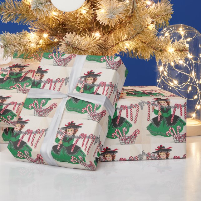 Vintage Christmas Lady Hanging Candy Canes Wrapping Paper (Holidays)