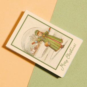 Vintage Christmas Landscape Baby Girl Green Dress Holiday Postcard
